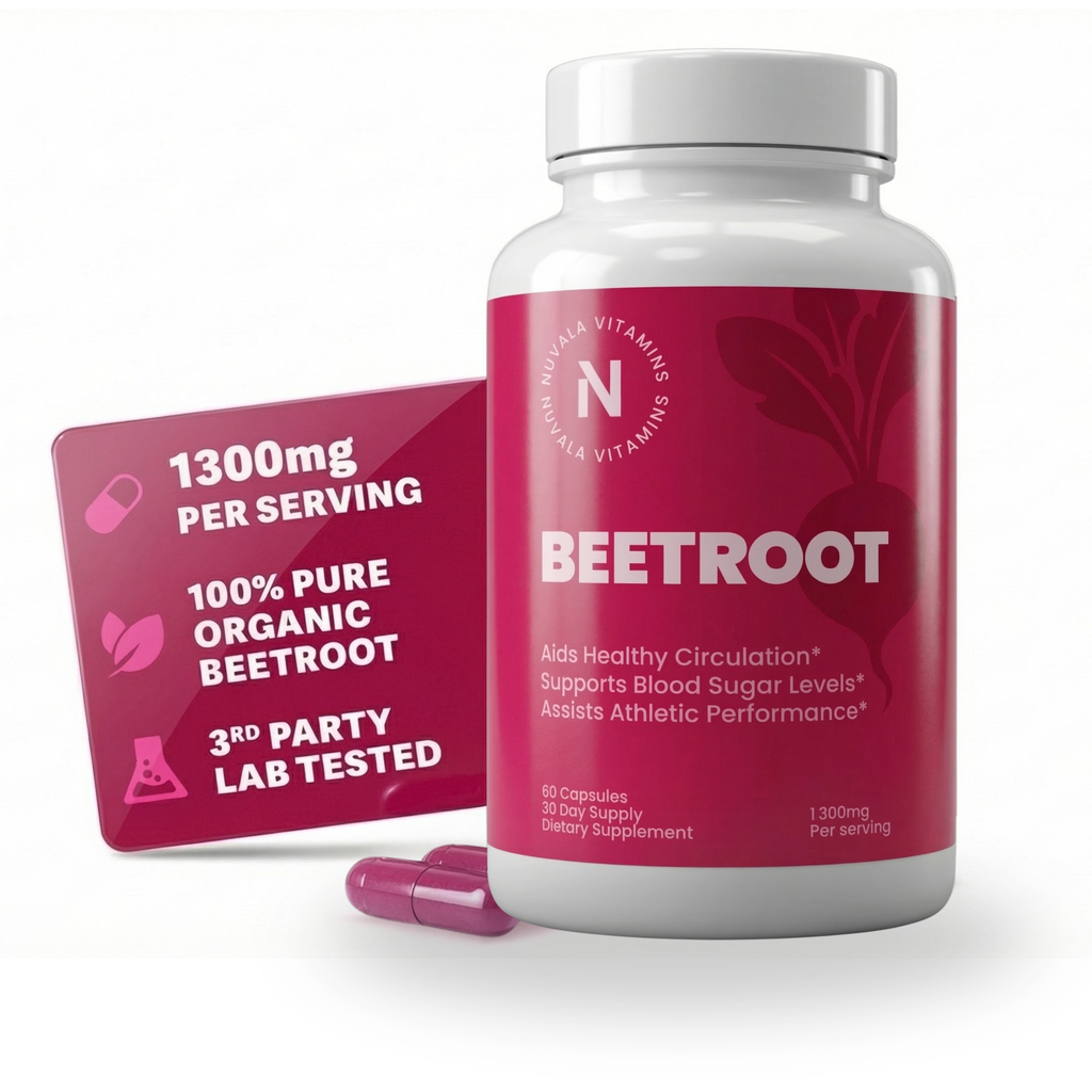 Beetroot supplement bottle with pink label and packaging on a white background
