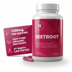 Beetroot supplement bottle with pink label and packaging on a white background