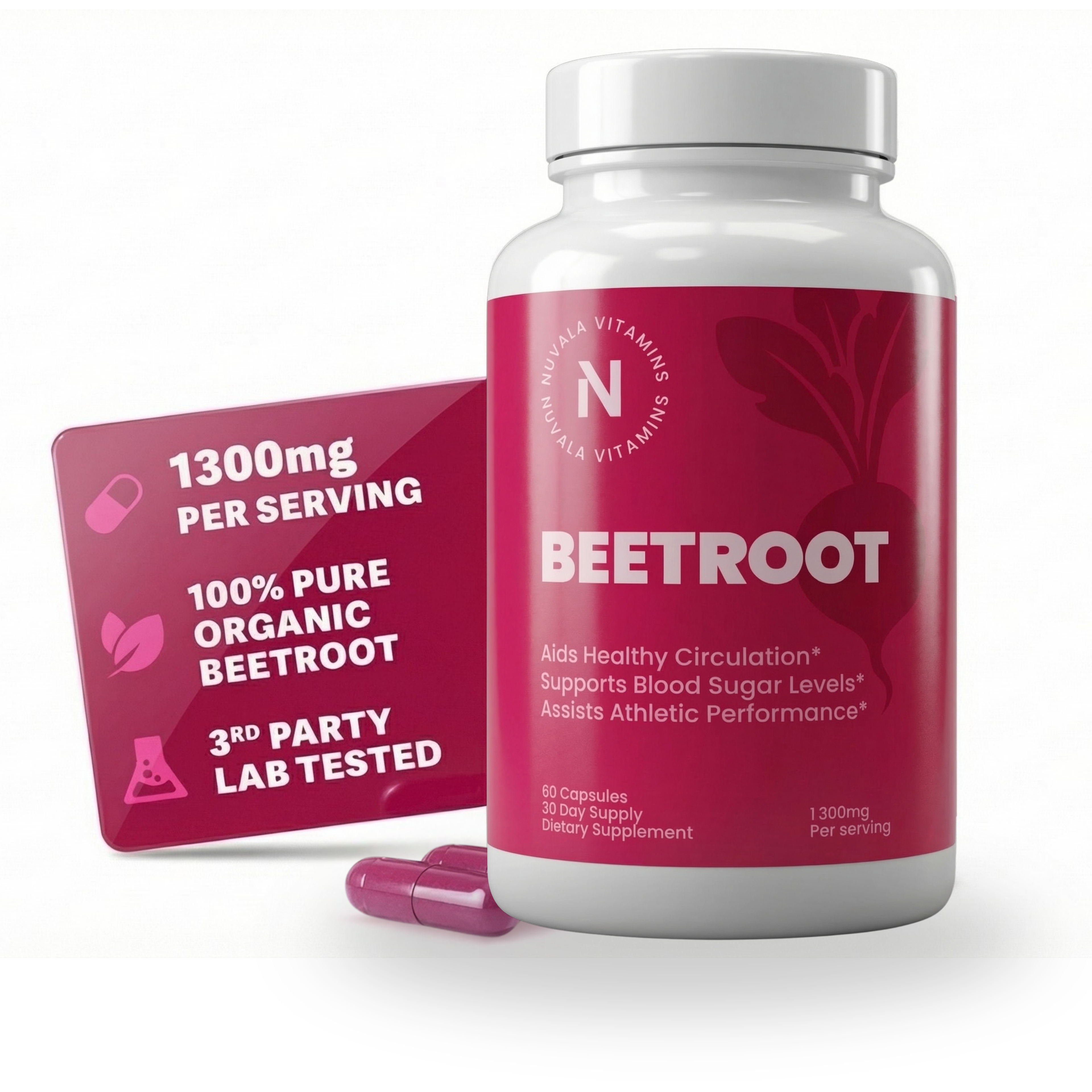 Beetroot supplement bottle with pink label and packaging on a white background